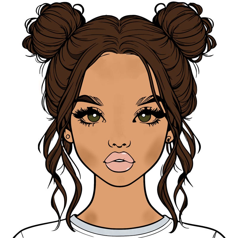 realistic girl with two buns in hair and lips