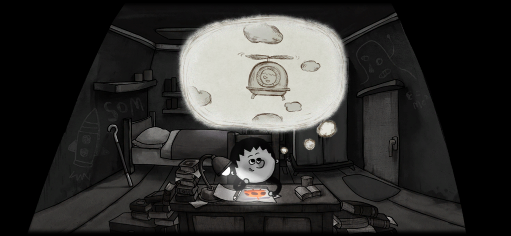 One Way: The Elevator - Hand drawn scene of a boy at a desk dreaming of a helicopter in One Way The Elevator