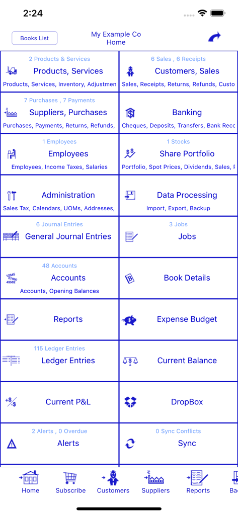 Bookkeeping - Pantalla de inicio de la aplicación Bookkeeping mostrando módulos de contabilidad profesional y gestión financiera