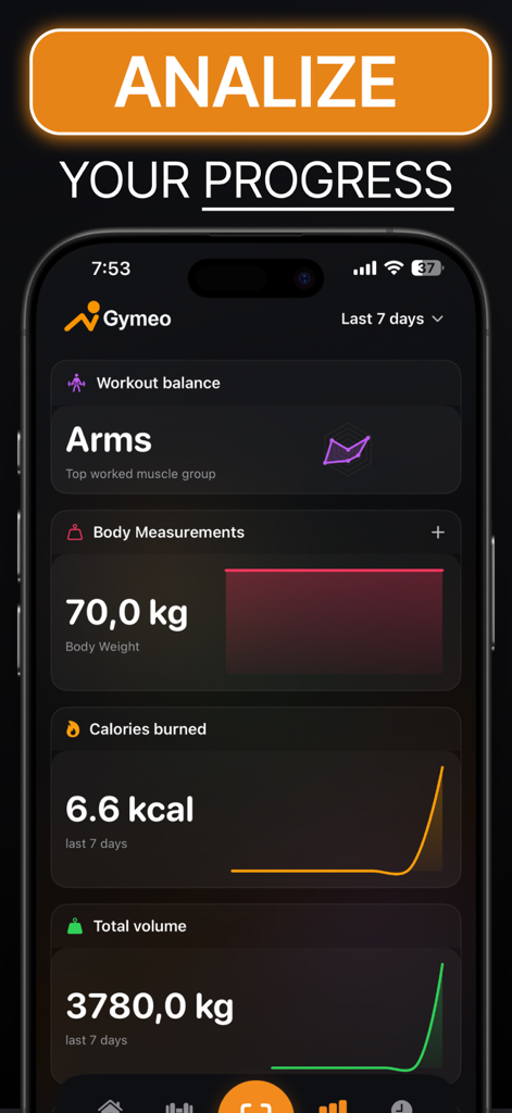 Gymeo app dashboard displaying workout progress and body measurements