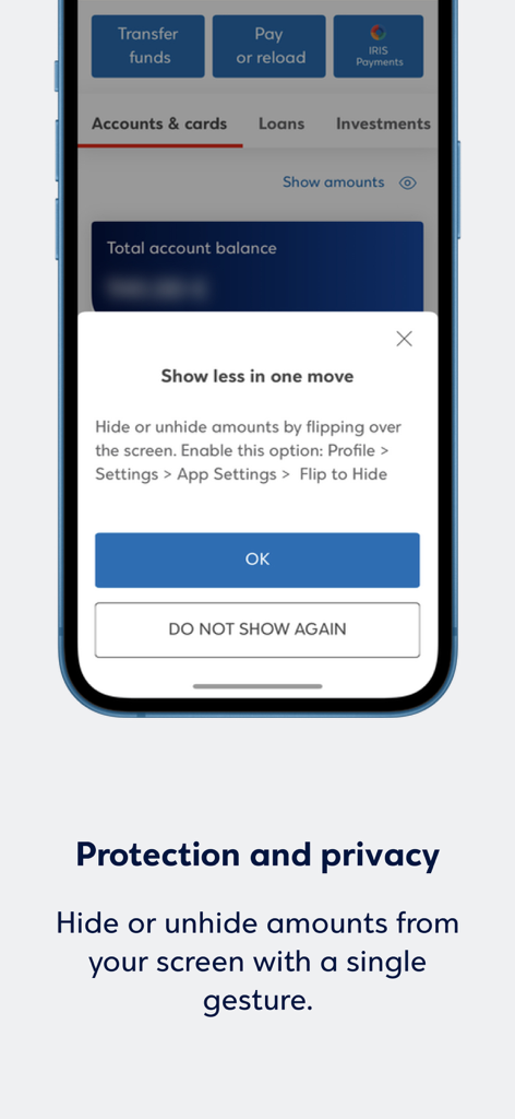 Eurobank Mobile App - Schermata della funzionalità di privacy dell'App Mobile Eurobank che mostra come nascondere o visualizzare gli importi del conto con un singolo gesto