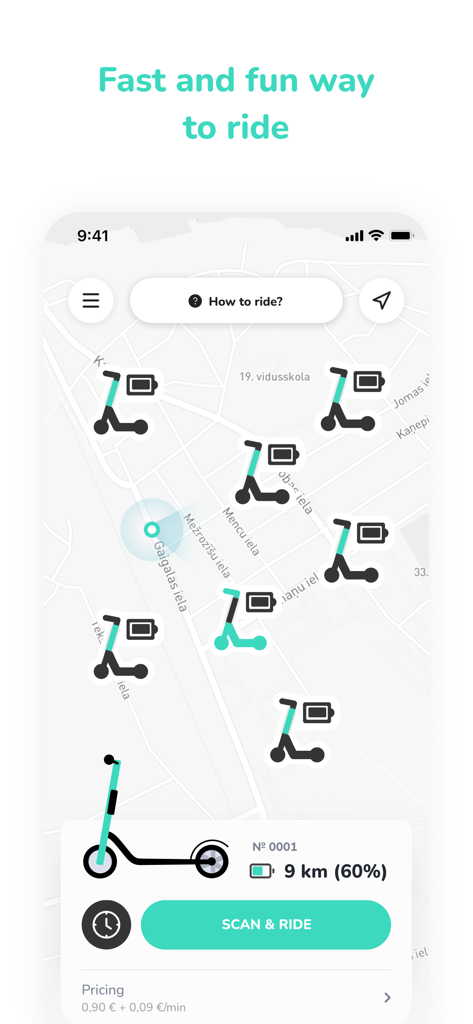 IZZY kicksharing mobile app interface showing available electric scooters on a map with battery levels and a scan to ride button