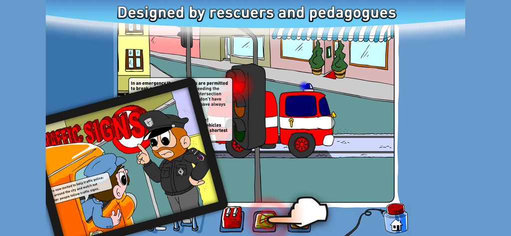 Traffic Safety for Kids - Escena animada de una aplicación educativa que enseña a los niños sobre seguridad vial y vehículos de emergencia