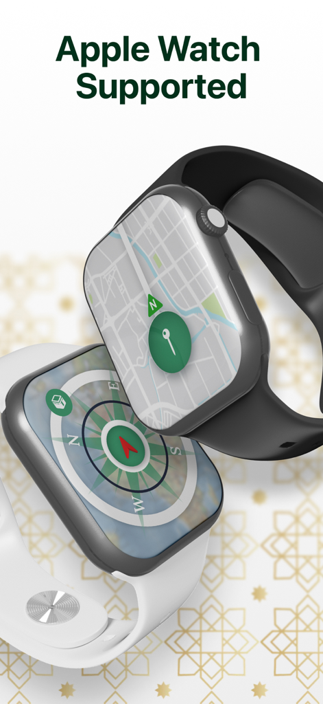 Qibla Finder & Mecca Compass - Apple Watch affichant la direction Qibla et la boussole sur l'application Qibla Finder