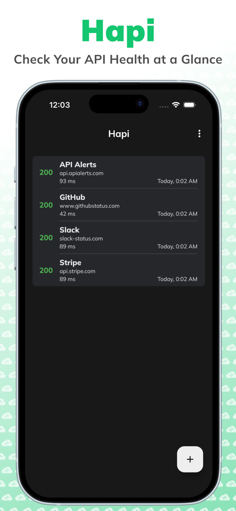 Hapi app dashboard on iPhone showing API health status codes and response times for GitHub Slack and Stripe