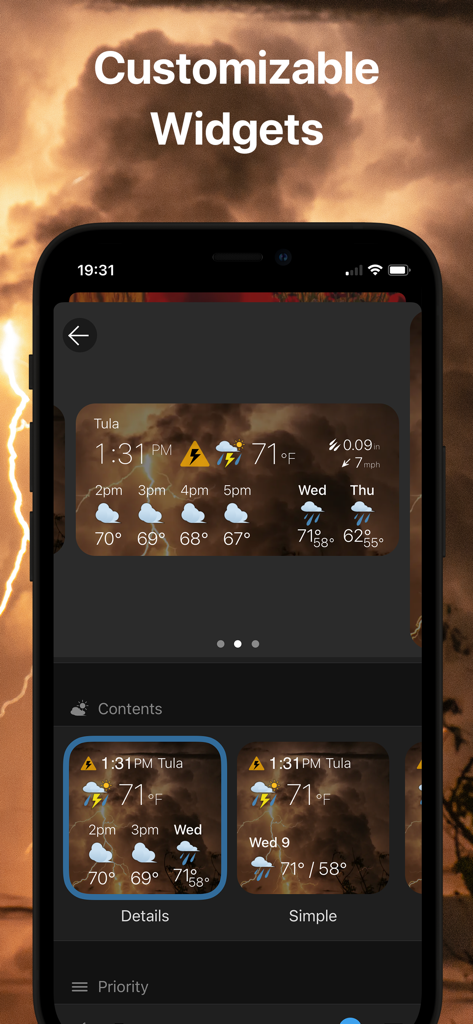 Selection of customizable weather widget styles in the Weawow app interface