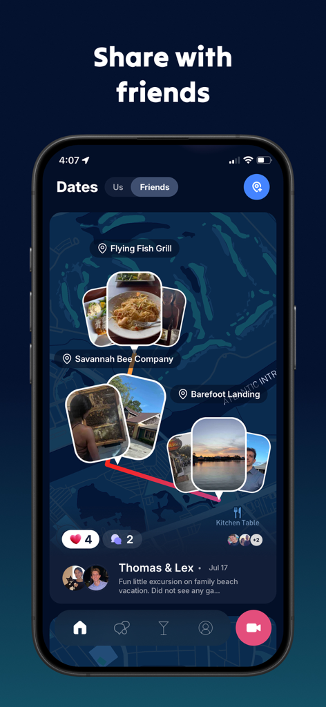 Lovedove: Relationship Builder - Lovedove app screen showing a shared map of a couple's dates and photos with a social feed