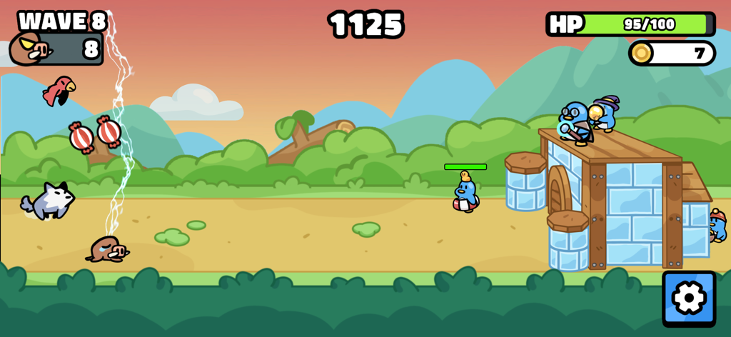 Waddle Wars: Roguelike Defense - Héroe pingüino y guardias defendiendo su castillo contra oleadas de adorables invasores en Waddle Wars