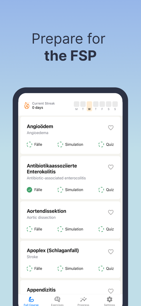 Medical German Language - A mobile app screen showing medical terms in German and English for FSP exam preparation