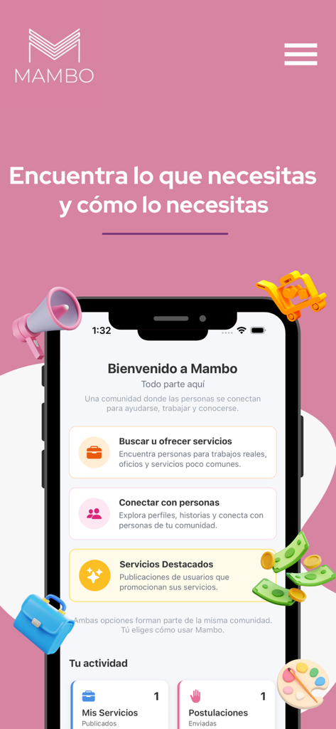 Mambo App - Mambo App interface displaying options to find services and connect with community members