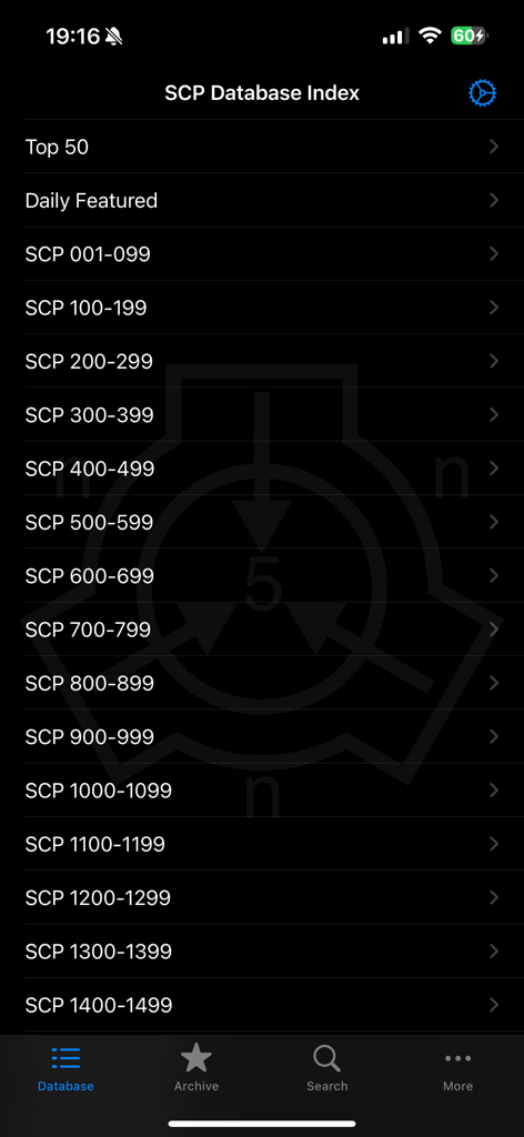 SCP Foundation Archive nn5n - SCP Foundation Archive app database index screen showing a list of SCP categories and entry ranges in dark mode
