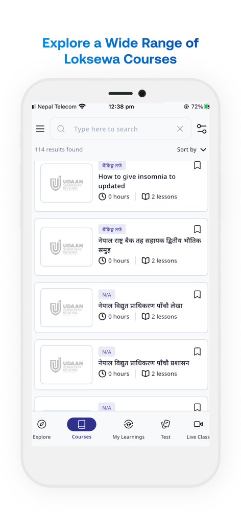 Udaan App - Search results for Loksewa courses on the Udaan Academy educational app interface