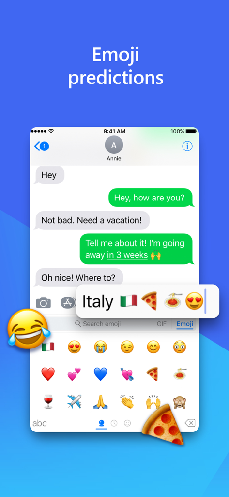 Tastiera AI Microsoft SwiftKey che mostra suggerimenti predittivi di emoji basati sulla parola Italia