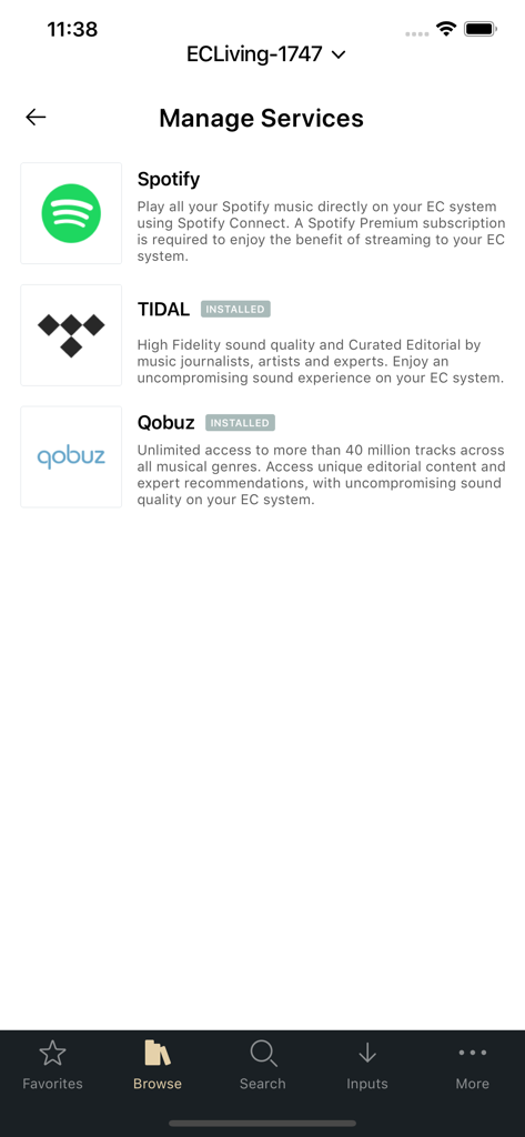 EC Play - EC Play app manage services screen showing Spotify Tidal and Qobuz integration
