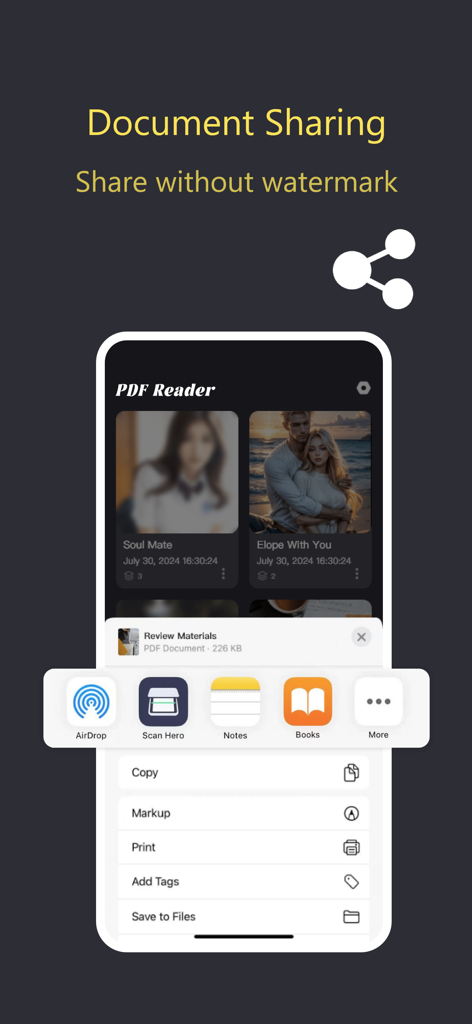 PDF Reader - Viewer&Scanner - Pantalla de compartir documentos de la app Lector PDF con opciones del menú compartir de iOS y sin marca de agua