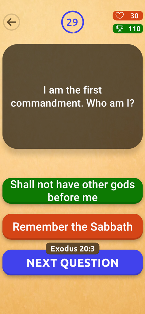Who am I? (Biblical) - Schnittstelle des biblischen Trivia-Spiels mit einer Frage zum ersten Gebot und Antwortmöglichkeiten