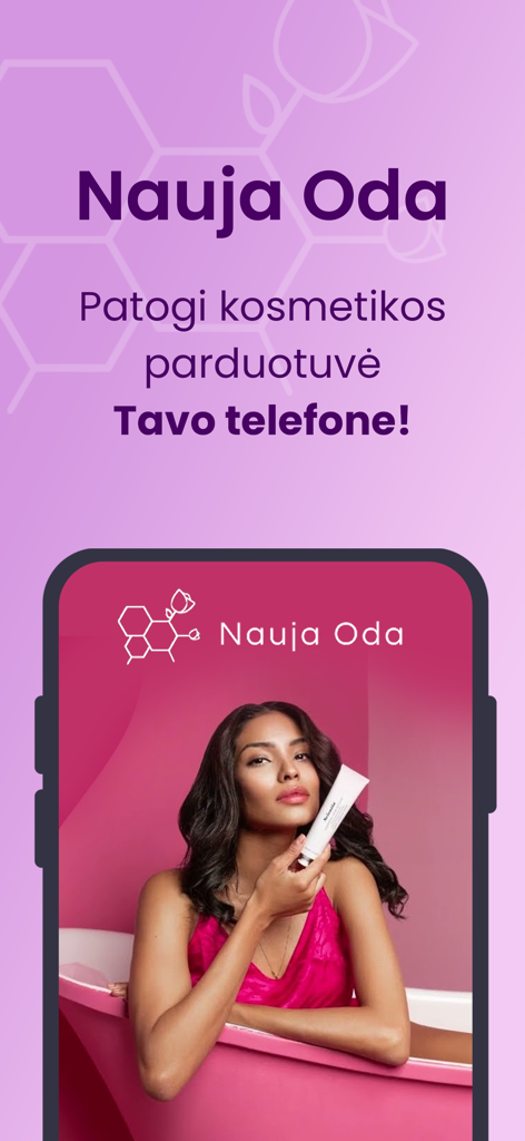 NaujaOda.lt - Nauja Oda mobile app promotion showing a professional skincare product
