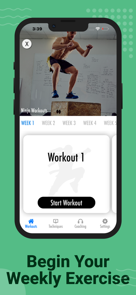 Ninja Athletic Training - Mobile app interface showing a ninja training workout plan for week one with a start button and a video of an athlete performing a box jump
