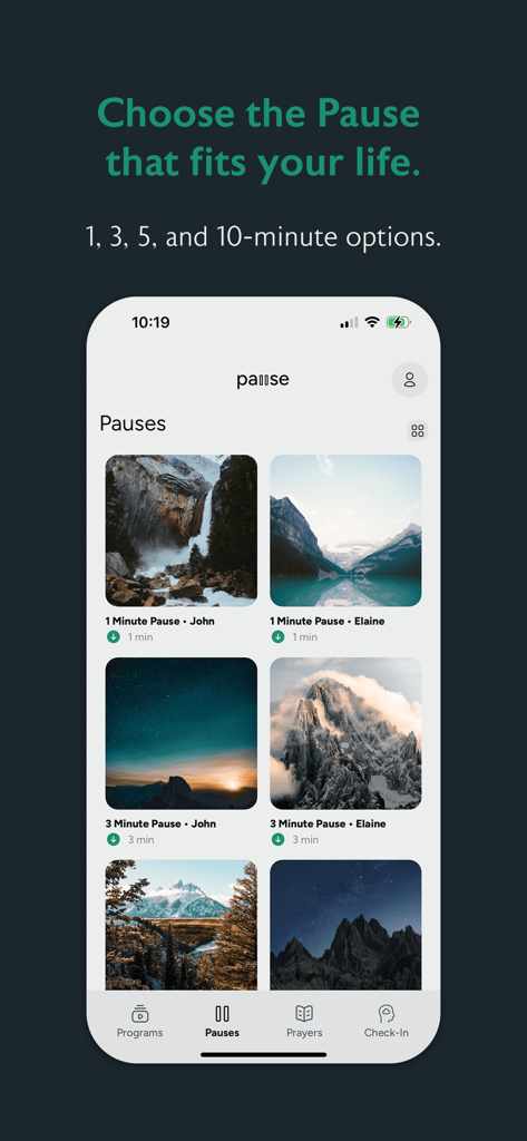 Pause: Prayer & Meditation - Pause app interface showing guided meditation sessions with various time options and nature backgrounds.