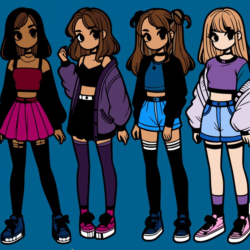 one girl with crop-top shirt and a jacket with a skirt, long socks and another girl with a shirt and pants with a jacket