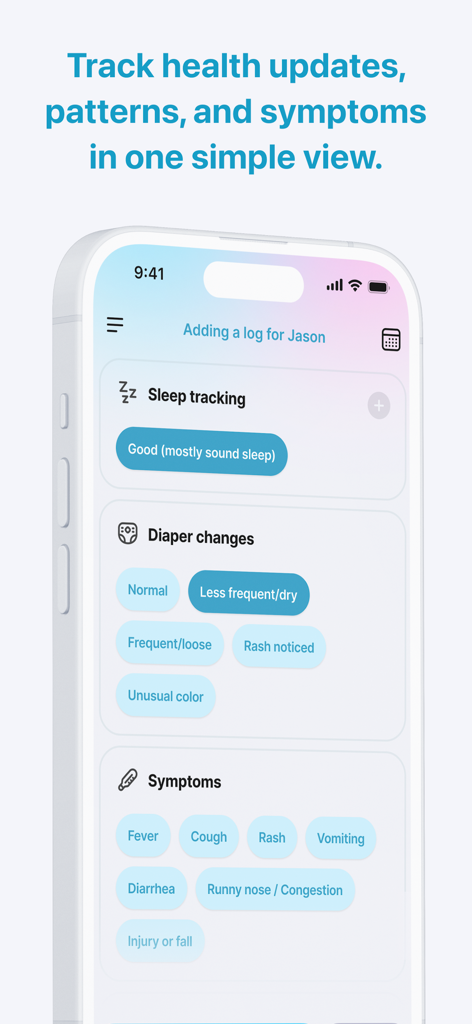 Heal: Family Health - La interfaz de la aplicación Heal para rastrear síntomas, patrones de sueño y actualizaciones de salud para los miembros de la familia.