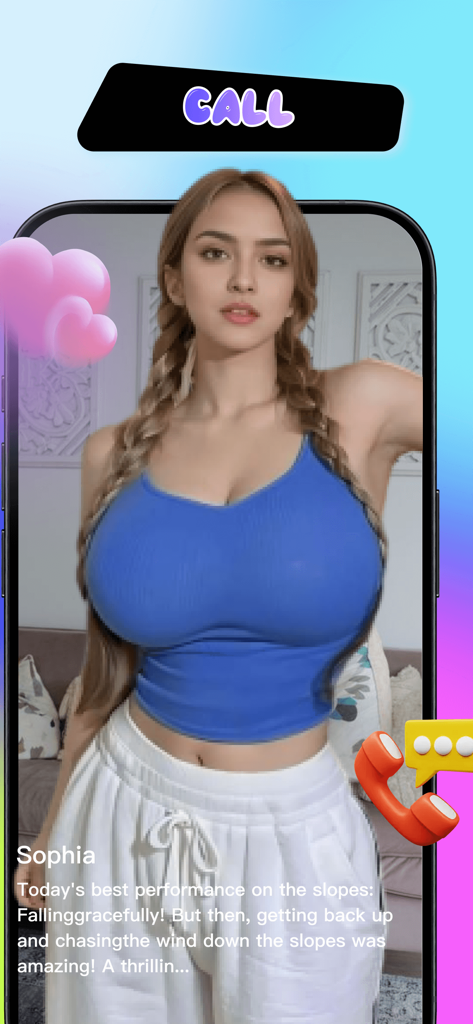 Video chat screen in Soulin app featuring a user named Sophia with call and chat icons