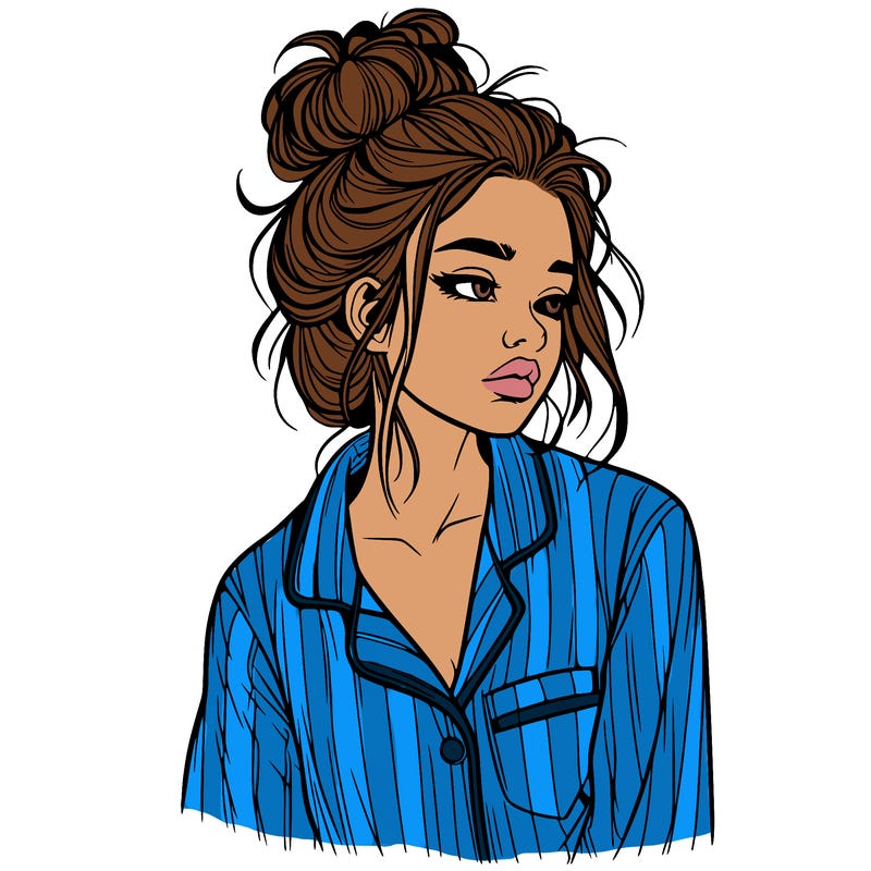 realistic woman with pajamas on and a messy bun
