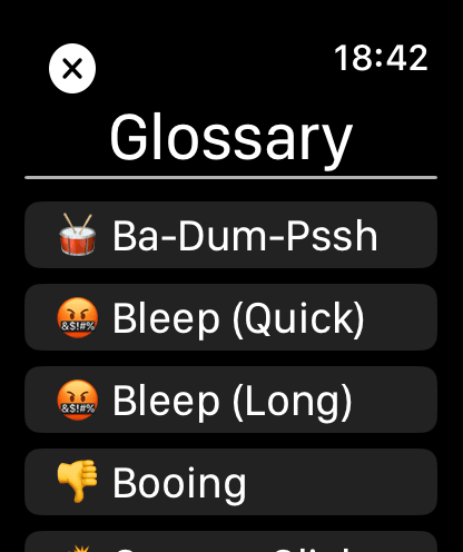 Una lista de efectos de sonido como Ba-Dum-Pssh y Abucheos en la pantalla de un Apple Watch.
