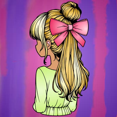 realistic girl  with hip length hair a bun and a big bow on the back of head