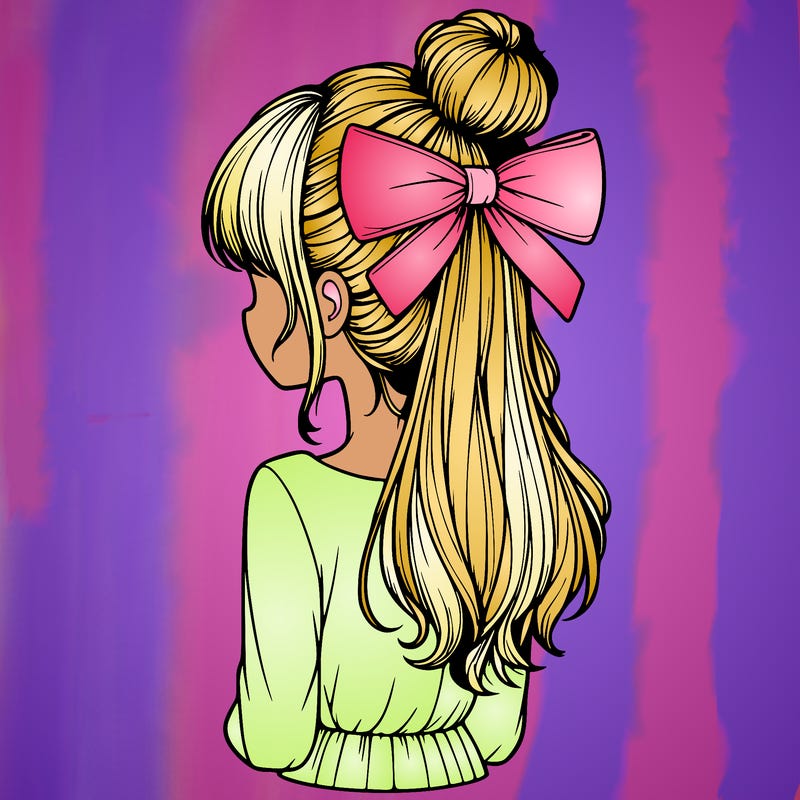 realistic girl  with hip length hair a bun and a big bow on the back of head