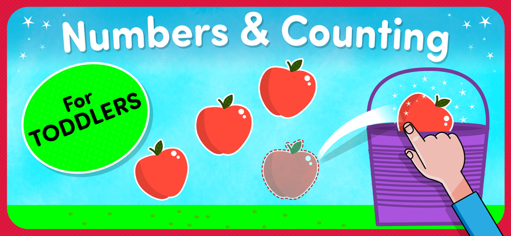 123 Toddler games for 2 3 year - Numbers and counting game interface for toddlers featuring apples and a bucket