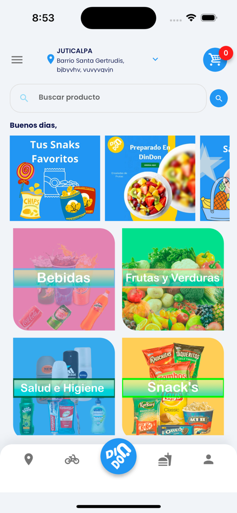 DinDon Delivery app home screen showing product categories for drinks, snacks, health items, and fresh produce in Spanish.