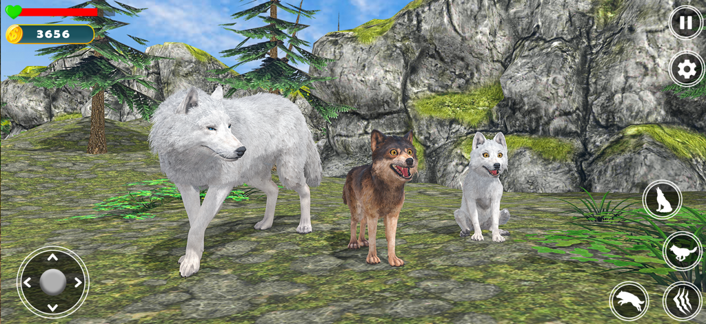 Wolf Simulator Jungle 3D Game - 3D 숲 환경에 함께 서 있는 흰색 늑대와 두 마리의 작은 늑대