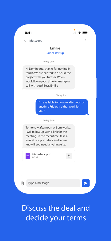 Angel Investment Network - In-app messaging interface between an investor and a startup founder discussing deal terms