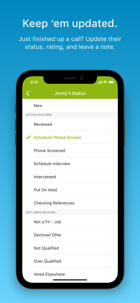 BambooHR Hiring - BambooHR Hiring app interface for updating a candidate's status through various stages of the recruiting process.