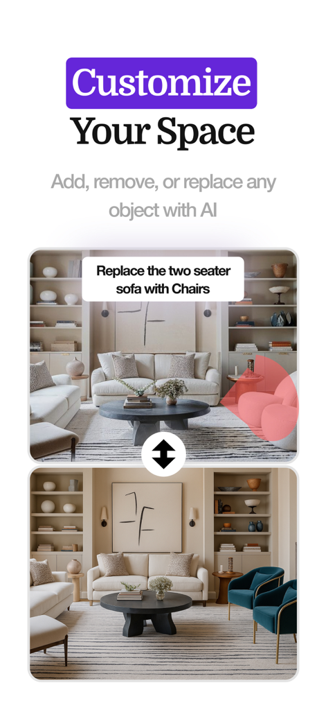 Home Design AI - Remodel Room - Comparación de antes y después de que la IA reemplace un sofá por dos sillones azules en una sala de estar