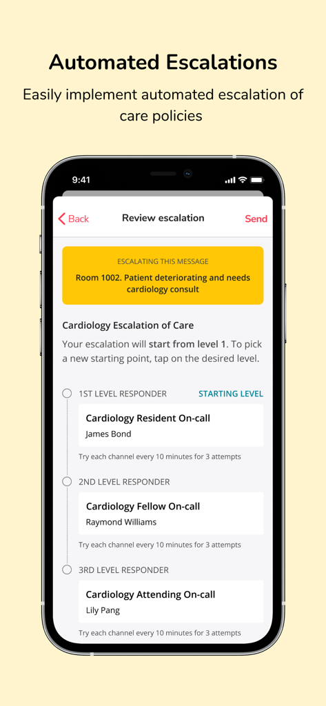 Hypercare-Messaging & On-Call - Hypercare app interface showing an automated escalation of care workflow for medical professionals.