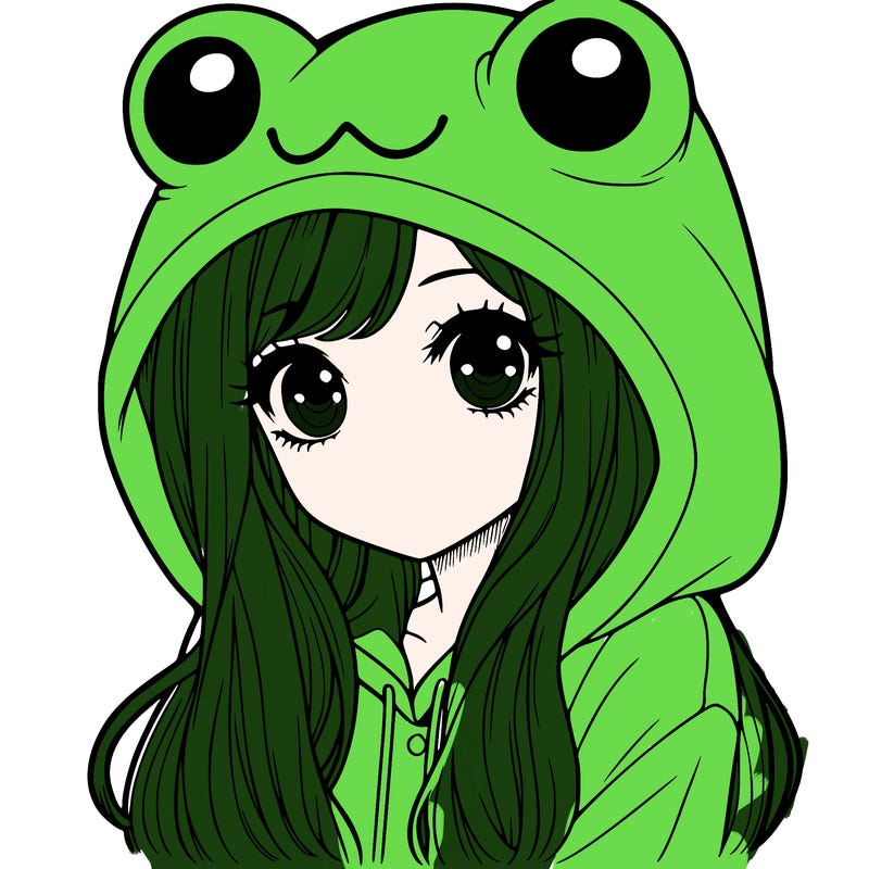 a pretty girl wearing a frog hoodie portrait with long hair