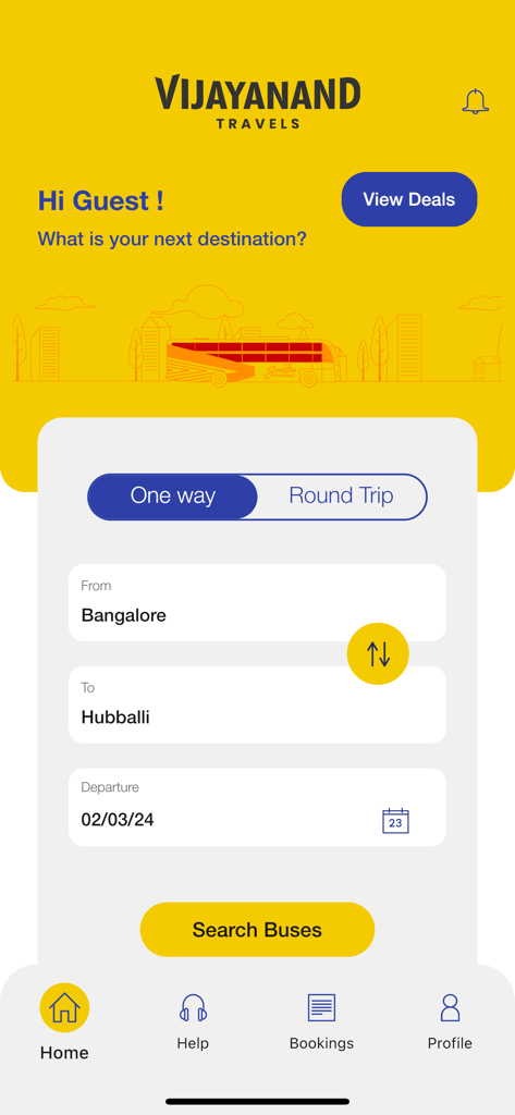 Vijayanand Travels - Home screen of the Vijayanand Travels mobile app showing the bus ticket search form with fields for origin destination and date