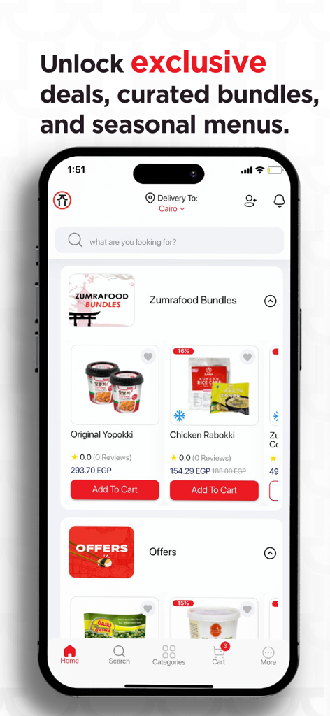 Zumra – Asian Food Delivery - Interfaz de la aplicación móvil Zumra que muestra paquetes de comida asiática y ofertas exclusivas