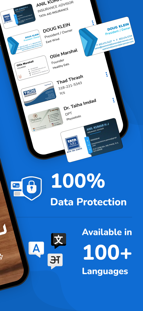 Interface of a business card scanner app highlighting data protection features and support for over 100 languages.