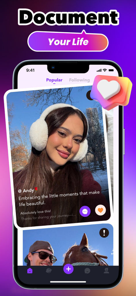 A mobile interface for the Puff live streaming app showcasing a user post with the text Document Your Life.