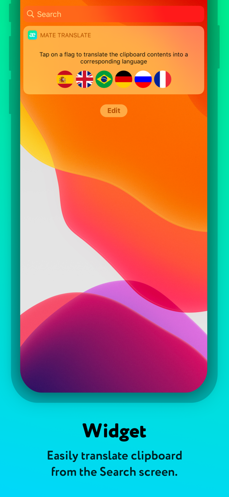 Mate Translate widget on the iOS search screen showing language flags for quick clipboard translation