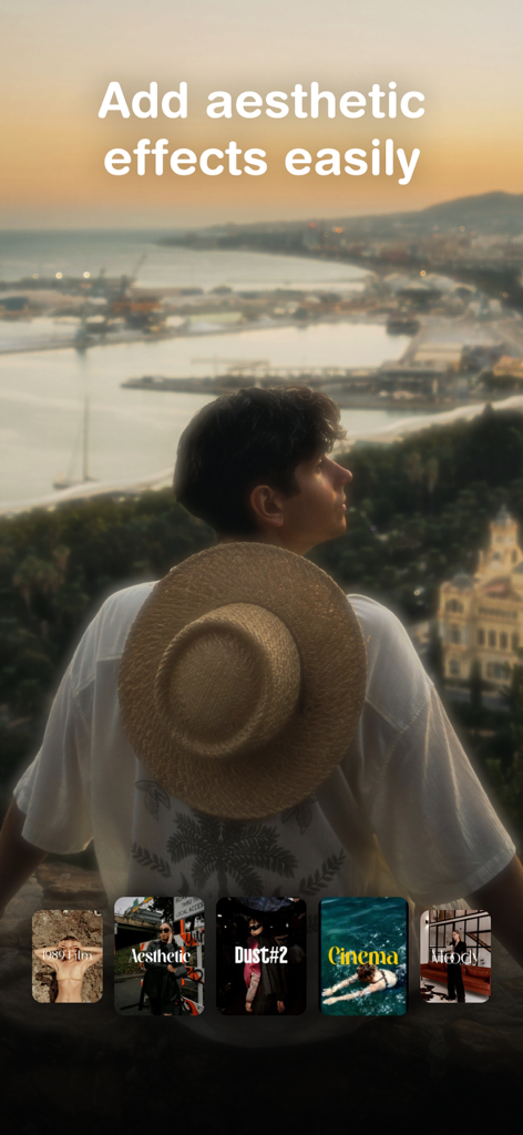 Presets app interface showing aesthetic photo filters like 1989 Film and Cinema applied to a sunset travel photo