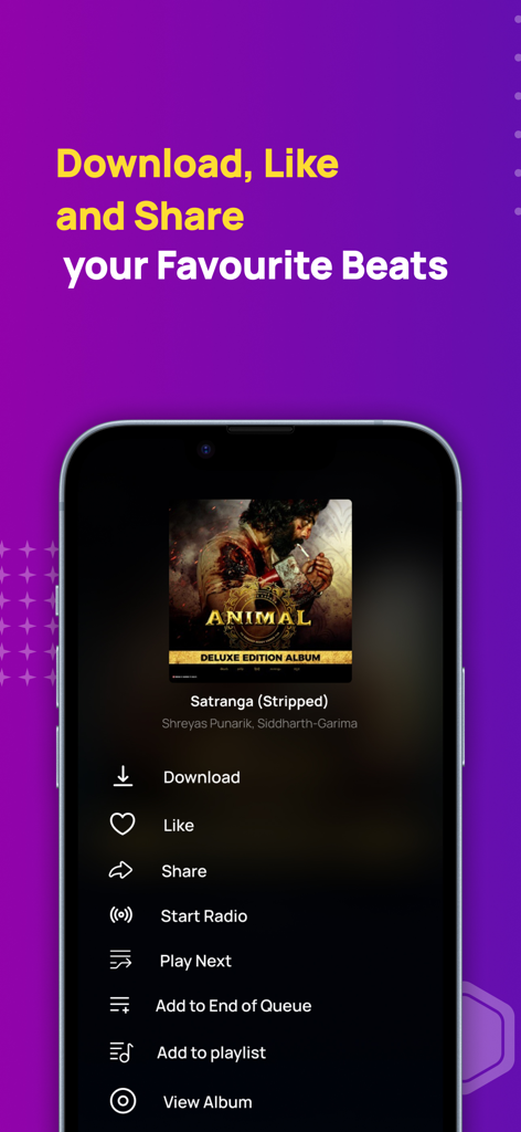 Gaana music app interface showing song download like and share options for a Bollywood track