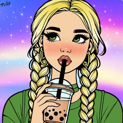 realistic girl with braided hair drinking boba
