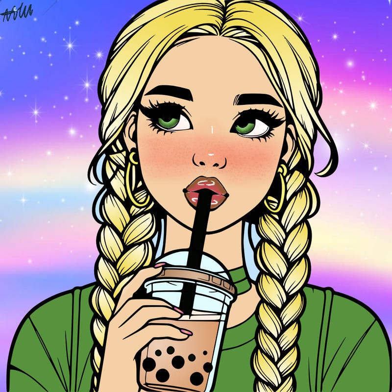 realistic girl with braided hair drinking boba