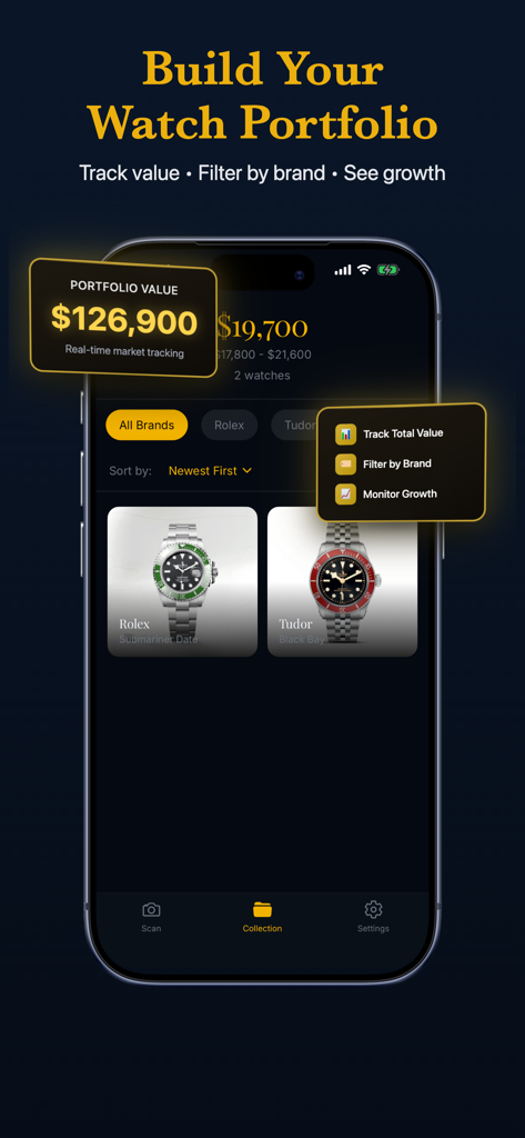 Watch Identifier - AI Scanner - Oberfläche für ein digitales Luxusuhren-Portfolio, die den Gesamtwert der Sammlung und die Marktverfolgung zeigt