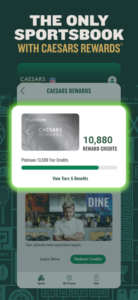 Caesars Sportsbook - Caesars Sportsbookアプリ。リワードクレジットとプラチナティアステータスを表示しています。
