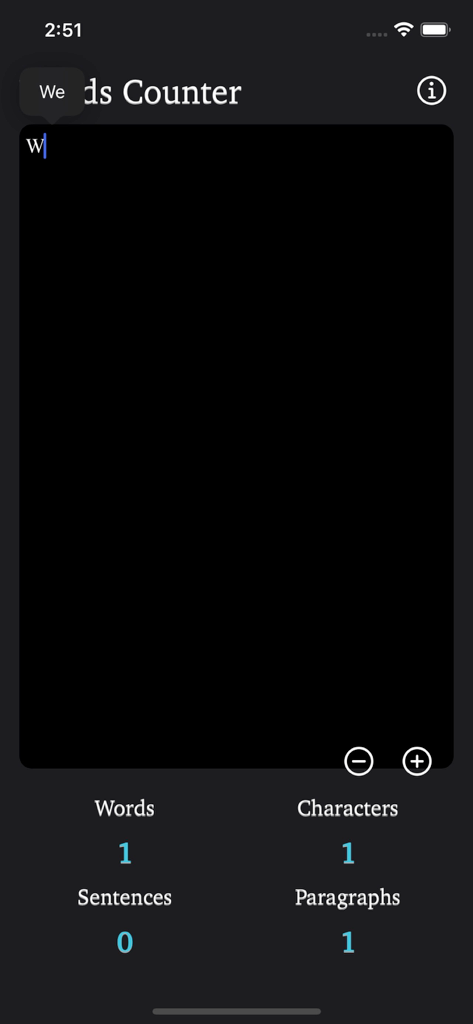 Words Counter Plus interface displaying real-time word character and paragraph counts in dark mode